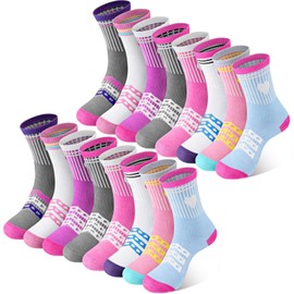 Yearntown 16 Pairs Kids Crew Athletic Socks Cotton Mid Calf Socks with Retro Stripes Hearts for Girls Boys Sports Football(8-10 Years)