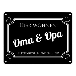 Hier wohnen Oma und Opa - Elternregeln enden hier Metal Sign in 15 x 20 cm in White Parents Grandparents Granddad Grandmother Gift Hearts Babysitter Grandpa Bonus Grandma Bonus