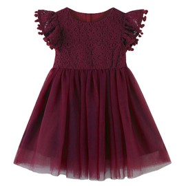 RJXDLT Toddler Girl Dress Baby Girl Tulle Dress Flutter Sleeve Tutu Flower Girl Dress 1 Years Burgundy 396