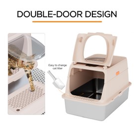 Citylife Stainless Steel Cat Litter Box with Lid，XL Extra Large Enclosed Removable Metal Litter Box with Litter Scoop&Double Layer Litter Mat,Non-Sticky，Non-Odor,Easy Cleaning, for Big Cats，Khaki