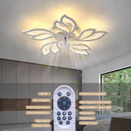 haodengshi 25" White Modern Geometric Ceiling Fan with Lights, 3 Light Color 6 Speeds Flush Mount Low Profile Ceiling Fan for Bedroom Kitchen