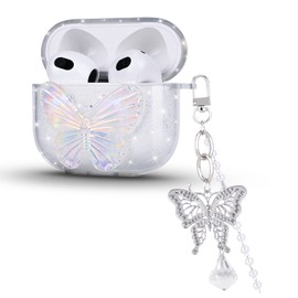 Glitter Shell Design for AirPods 3 (2021) with Butterfly Crystal Bracelets Keychain,Cute Bling Glitter Butterflies Design Soft TPU ShockProof Protective Skin Cover for Women Girls