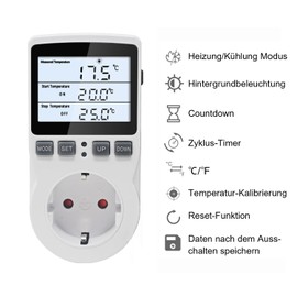 KETOTEK Digital Temperature Controller Thermostat Socket 230 V with 3 m Sensor, Sockets Thermostat Heating Cooling Temperature Controlled for Greenhouse Incubator Refrigerator, Backlight