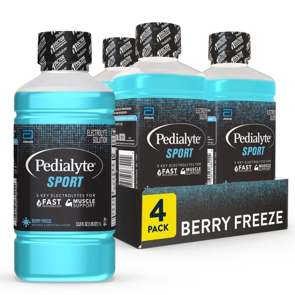 Pedialyte Sport Electrolyte Drink, Fast Hydration with 5 Key Electrolytes for Muscle Support Before, During, & After Exercise, Berry Freeze, 1 Liter, Pack of 4