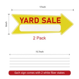 2 Pack Yard Sale Arrows Yard Sign Double Sided With Stakes,17 X 6 Inches Plastic Arrow Yellow Signs,Yard Sale Signs, Weatherproof