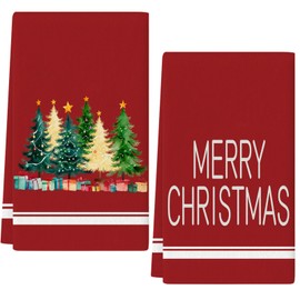 TXZZCHO Merry Christmas Kitchen Towels Red Xmas Tree Dish Towel Set of 2 Tea Towels 18x26 Inch Christmas Decorations for Holiday Home Party