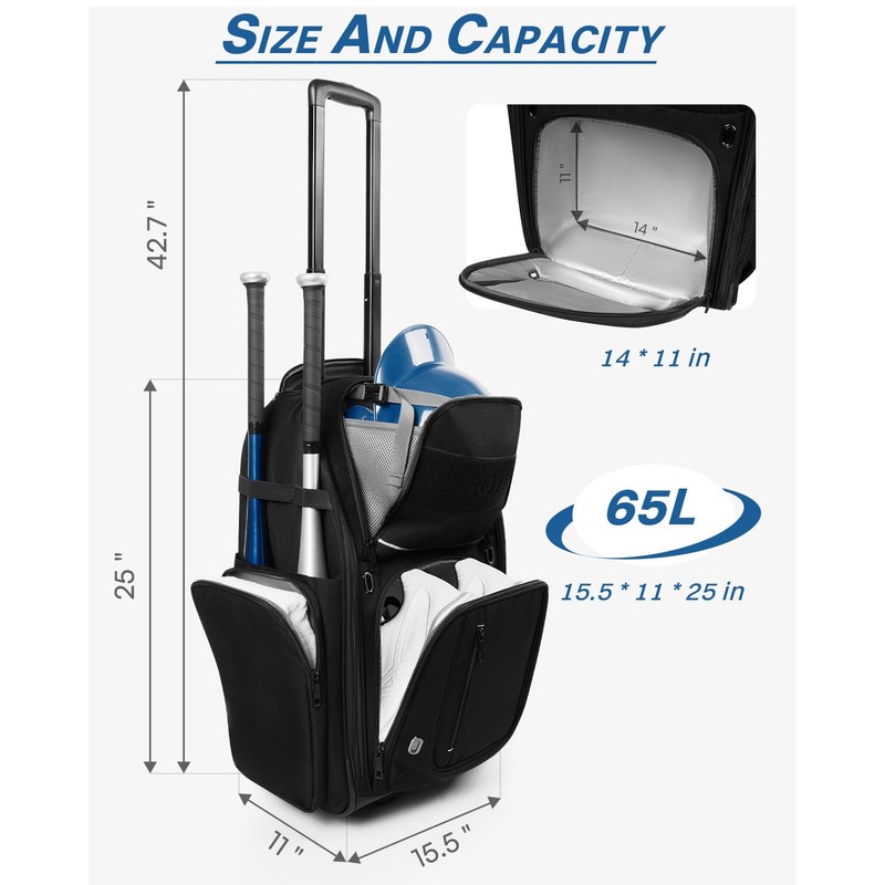 Rolling Baseball Bag with Wheels, Large All-Terrain Wheeled Softball Bag