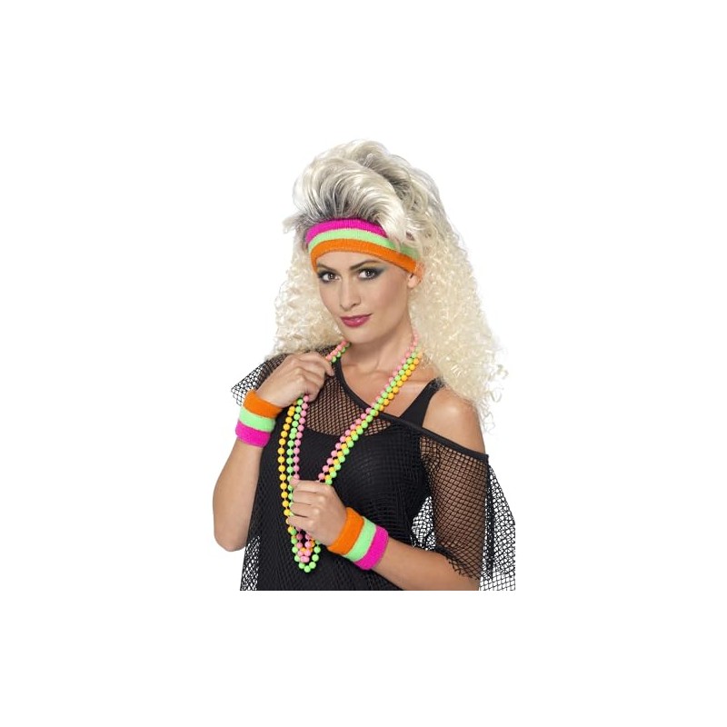 Smiffys Sweatbands, Neon with 1 Headband & 2 Wristbands, 1980's