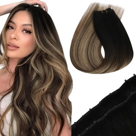 Sunny Hair Beaded Weft Hair Extensions Human Hair 50G Micro Bead Weft Hair Extensions Real Human Hair Straight Weft Hair Extensions Easy Weft Natural Black to Dark Brown with Caramel Blonde 24inch