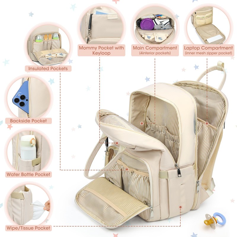 RAINSMORE Baby Changing Backpack Large Changing Bag Backpack with Pram