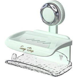 Suction Soap Holder - Wall Soap Dish with Drain, Shower Soap Holder with Suction Cup | Soap Saver Box Case, Drain Rack Holder Soap Storage Tray for Home Shower Bathroom Tub (Green, Double Tray)