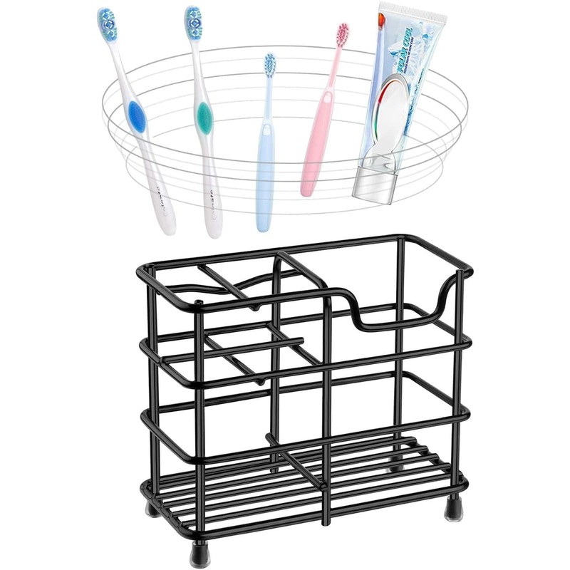 Stainless Steel Toothbrush Holder, Black Metal Bathroom Organizer, Compact Size