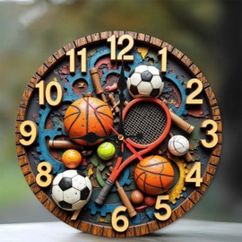 Sports Themed Wall Clock Unique Design Gear Decor Home Office 10-Inch Wooden Wall Clock, Silent Movement, Battery Operated (AA Batteries Not Included), Artistic Home Decor, Perfect for Home Accents