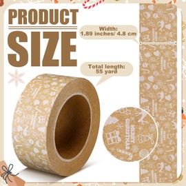 Watersay Christmas Packing Tape 1.89 in x 55 yd Brown Kraft Decorative Packing Tape Festive Cute Packing Tape Christmas Gift Wrapping Tape