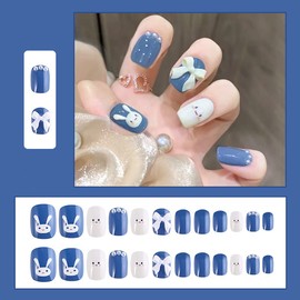 Pack of 24 Nails for Sticking Short, Easter Square Press On Nails White Rabbit Bow Artificial Nails, Blue Square Fingernails Fake Nails for Women and Girls