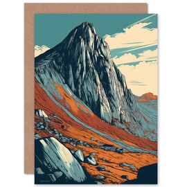 Artery8 Tryfan Mountain Peak Landscape Teal Brown Linocut Travel Birthday Sealed Greeting Card Plus Envelope Blank inside