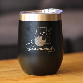 Just Unwind Cat Wine Tumbler Glass with Sliding Lid - Stainless Steel Travel Mug - Unique Cat Gifts for Women and Men - Black