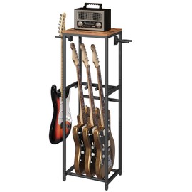 MAHANCRIS Guitar Stand, Guitar Rack for Acoustic Holder, Electric Guitar, Bass, Multiple Guitar Rack Holder for 3 Guitars, Guitar Amp Accessories, for Home Music Studio, Rustic Brown and Black GSHR6301