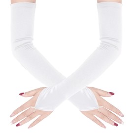 Jmkcoz Fingerless Elbow Long Opera Party Gloves for Women 1920s 20s Satin Gloves Costume Glove for Wedding Evening Dress (White)