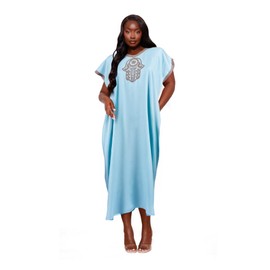 Moroccan Kaftan Dress – One Size Plus for Women as Loungewear, Beach Cover-Up, Bridal, Bridesmaid, Honeymoon & Daily Wear, Blue Sky, 24-28 Plus
