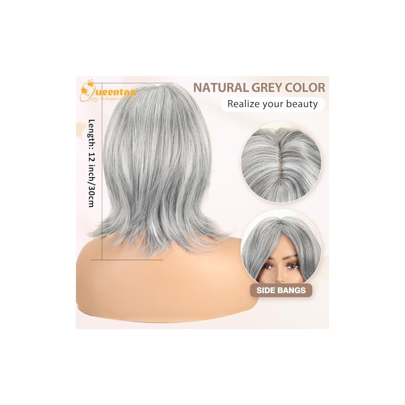 QUEENTAS Peluca Gris De 30 Cm Para Mujer, Color Gris