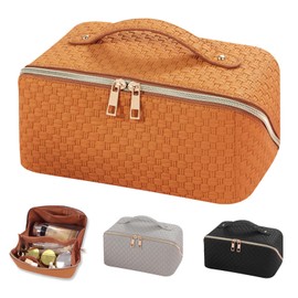 BAKLUCK Large Capacity Makeup Bag Travel Makeup Bag Portable Waterproof Make Up Bag PU Leather Cosmetic Bag with Compartments Suitable for Women Aesthetic Makeup Bags for Traveling Ginger Yellow