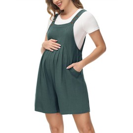 Women's Maternity Short Rompers Comfy Summer Sleeveless Overalls Button Bib Wide Leg Jumpsuit Gray Green M