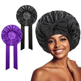 2PCS Satin Bonnet, Sleeping Silk Bonnet Hair Wrap, Adjustable Hair Satin Bonnets with Tie, Silk Bonnets with Stretchy Tie Band Satins Night Sleeping Cap for Women Curly Hairs Sleeping(Black+Purple)