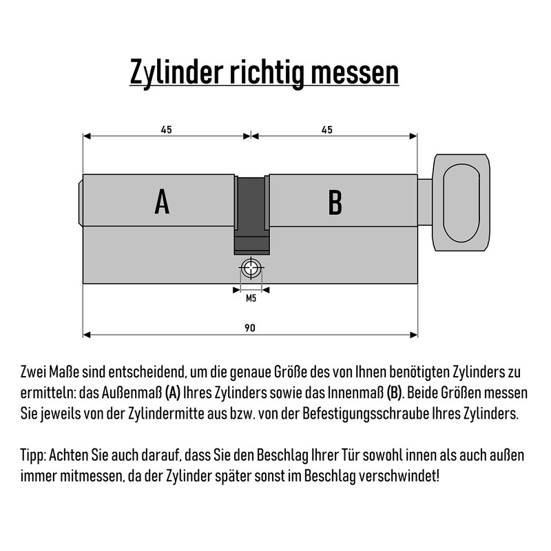 1x Cylinder Lock 90 mm 45/45 mm with Knob KD