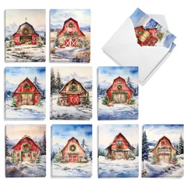 The Best Card Company 20 Assorted Christmas Notecards Boxed Set 4 x 5.12 Inch with Envelopes (10 Designs, 2 Each) Holiday Red Barns AM10778XSG-B2x10