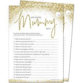 Olivia Samuel Who Knows Mummy Baby Shower Game for up to 30 Players – Gold Sparkle Design with Winner Certificate – Unisex – Made in the UK