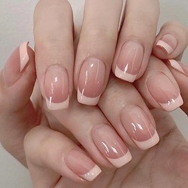 24 pcs Coffin Fake Nails Medium, Fashion French Tip Press on Nails, Smudge Color Stick on Nails for Women and Girls, Acrylic Medium Glue on Nails for Nail Art