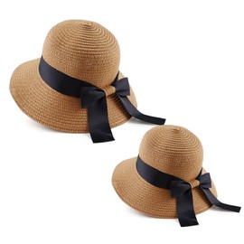 Zsedrut Women Straw Sun Hat Summer Beach Cap Foldable Visor Floppy Hats Wide Brim with Strap Mother Girls Hat Set-2 Pack (Khaki,Mother+Child)
