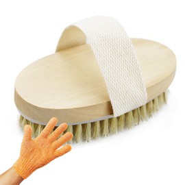 Body Brush Dry Skin Exfoliating Brush Natural Bristles for Flawless Skin, Lymphatic Drainage and Improving Blood Circulation, with 1 Glove