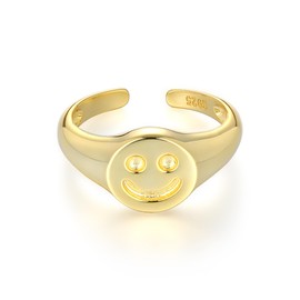 Aurelia Mae 14K Yellow Gold Women's Happy Face Statement Ring | Round Smiley Emoji Face Signet Ring Good Vibes Pinky Ring | Birthday Gift (Size 8)