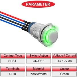 MKBKLLJY 6Pcs 12mm Latching Green LED Push Button Switch DC 12V 3A Sliver Shell 1NO 1Normally SPST IP65 Waterproof Self-locking Round Metal Switch Stainless Steel Button with Pre-Wiring for Car Boat