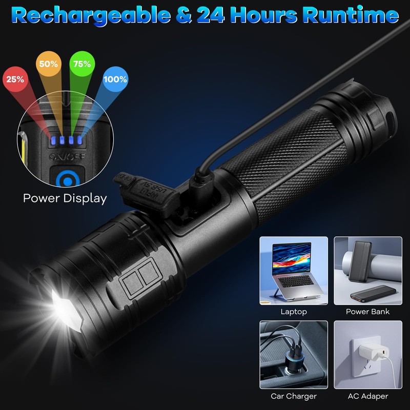 2 Pack Rechargeable Flashlights 90000 High Lumens, Super Bright Flash