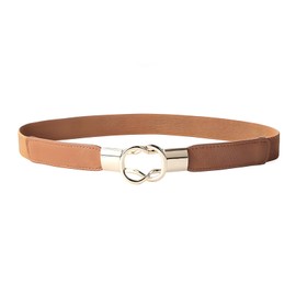 FATASH Womens Vintage Skinny Elastic Waist Belt | Slim Stretchy Elasticated Leather Cinch with Gold Interlock Metal Buckle | Retro Thin Stretch Belt Fashion Waistband for Dresses, Skirts, Jeans Brown