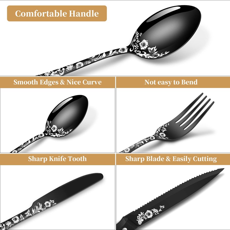 24-Piece Black Silverware Set with Steak Knife, Black Flatware Sets