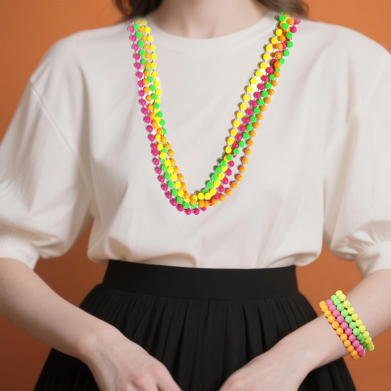 OHEETU 8Pcs 80s Neno Beaded Necklace Bracelet Sets Colorful Plastic