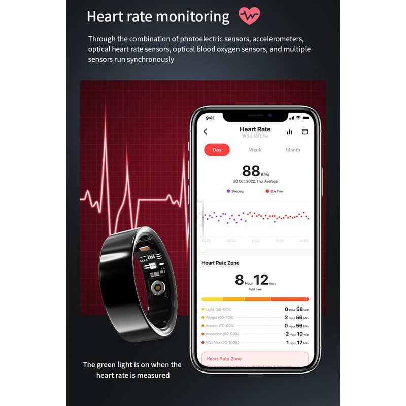 Smart Ring, Blood Pressure Oxygen Sleep Heart Rate Monitoring Smart