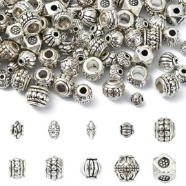 KitBeads 100Pcs 10 Styles Tibetan Column Beads Mixed Shape Antique Silver Round Spacer Beads Metal Tube Cube Barrel Beads for Jewelry Making Bracelets Crafts