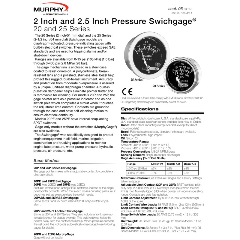 Murphy by Enovation Controls 20P7-100, 2" Pressure Swichgage w/Lockout, 0-100