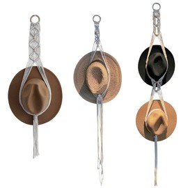 3Pcs Macrame Hat Hanger, Boho Hat Hangers for Wall, Decorative Bohemian Hand Weaving Hat Rack for Wide Brim Sun Straw Hat Cowboy Hat Display (1 Hole*2 & 2 Holes)