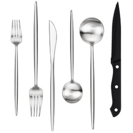 Stapava 24 Pieces Matte Silverware Set with Steak Knives, Stainless Steel Flatware Cutlery Set for 4, Kitchen Utensil Set Include Spoons Forks Knives, Satin Finished Polished, Dishwasher Safe
