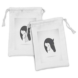 Ambesonne Animal Fabric Pouch Set of 2, Contemporary Image of a Dog and Horse Hugging Loyal Friend Heads Print, Small Drawstring Bag for Toiletries Masks and Favors, 9" x 6", Black White