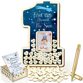 Wenqik 33 Pcs 1st Birthday Guest Book Alternatives 1st Decorations First Birthday Number One Shaped Photo Frame Centerpiece Keepsake with 30 Wood Slices(Space)