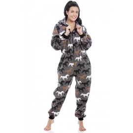 Camille Womens Super Soft Fleece Hooded Various Print All in One Onesies 10-12 Grey Horse