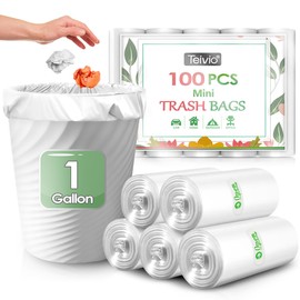 Teivio 1 Gallon 100 Counts Mini Strong Trash Bags 1-1.2 Gallon Garbage Bags,Small Waste Basket Liners,Bathroom Trash Can Bin Liners, Plastic Bags for home office kitchen, 4-5 Liters,Clear