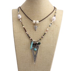 GelConnie Layered Long Necklace for Women Turquoise Stone Beaded Strand Pearl Triangle Pendant Y Sweater Chain Necklaces Costume Jewelry Gifts for Mom